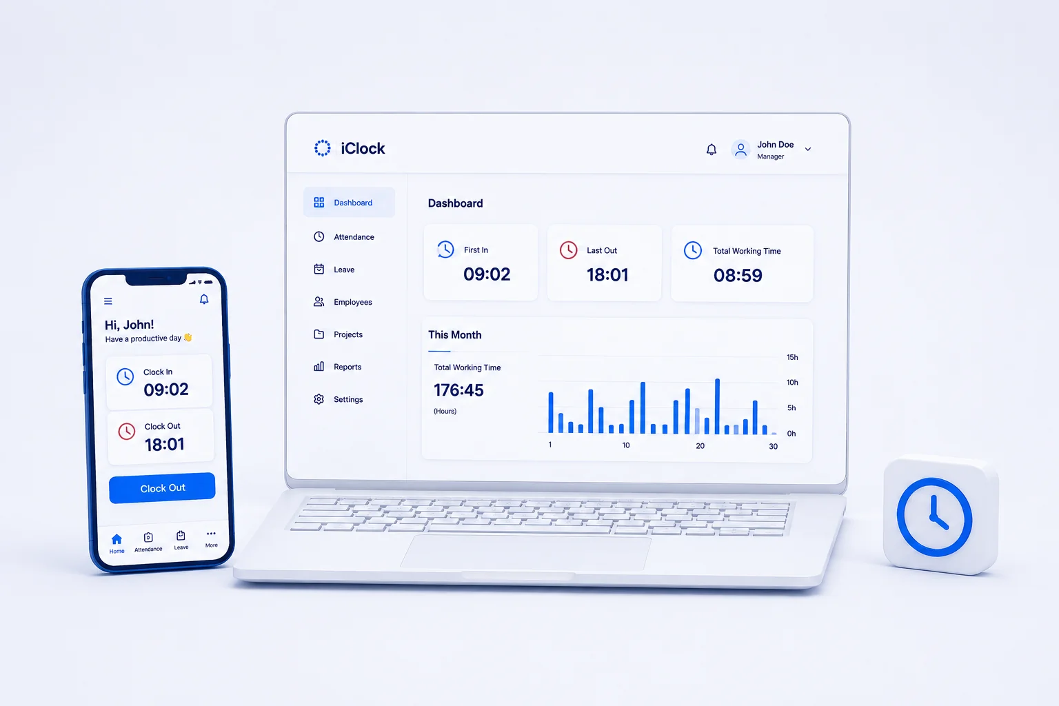 Illustrated concept mockup of a time-tracking dashboard on laptop and mobile, showing clock-in and clock-out times and a monthly hours chart