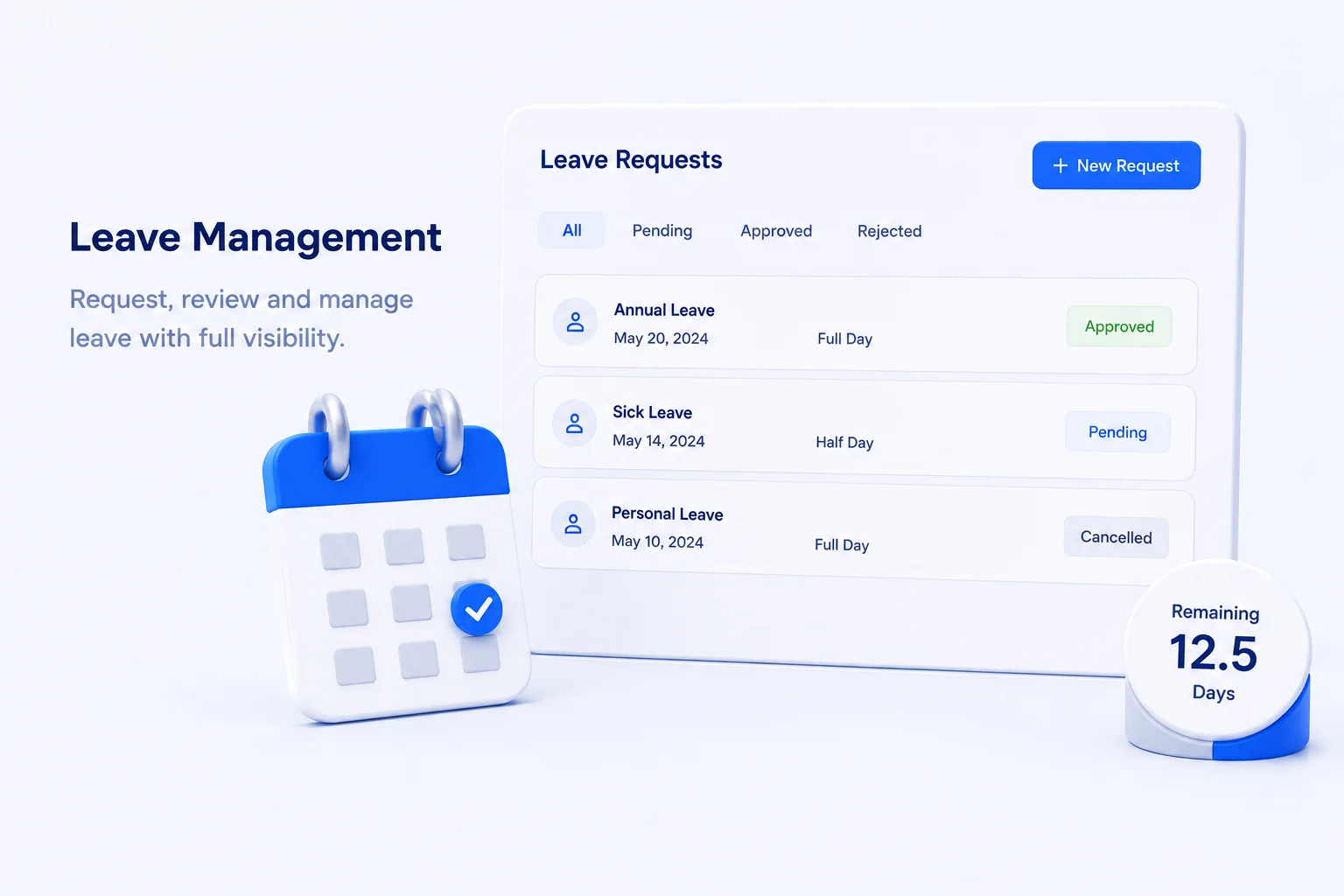 Illustrated concept mockup of an employee attendance dashboard showing total employees, on-time and on-leave counts, and a recent activity list