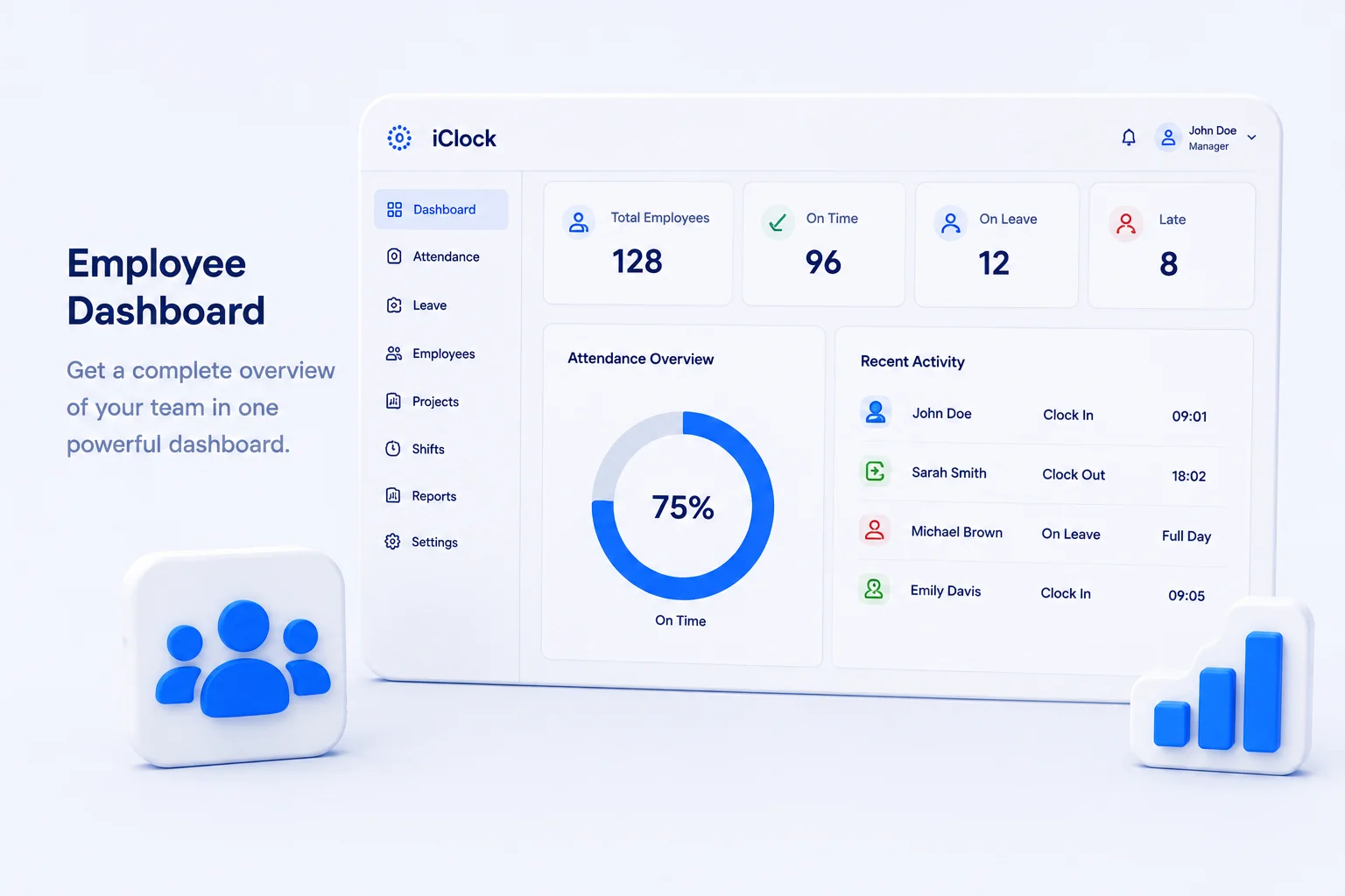 Illustrated concept mockup of a leave-requests screen showing example annual, sick, and personal leave entries with approved, pending, and cancelled statuses, and a remaining-balance indicator