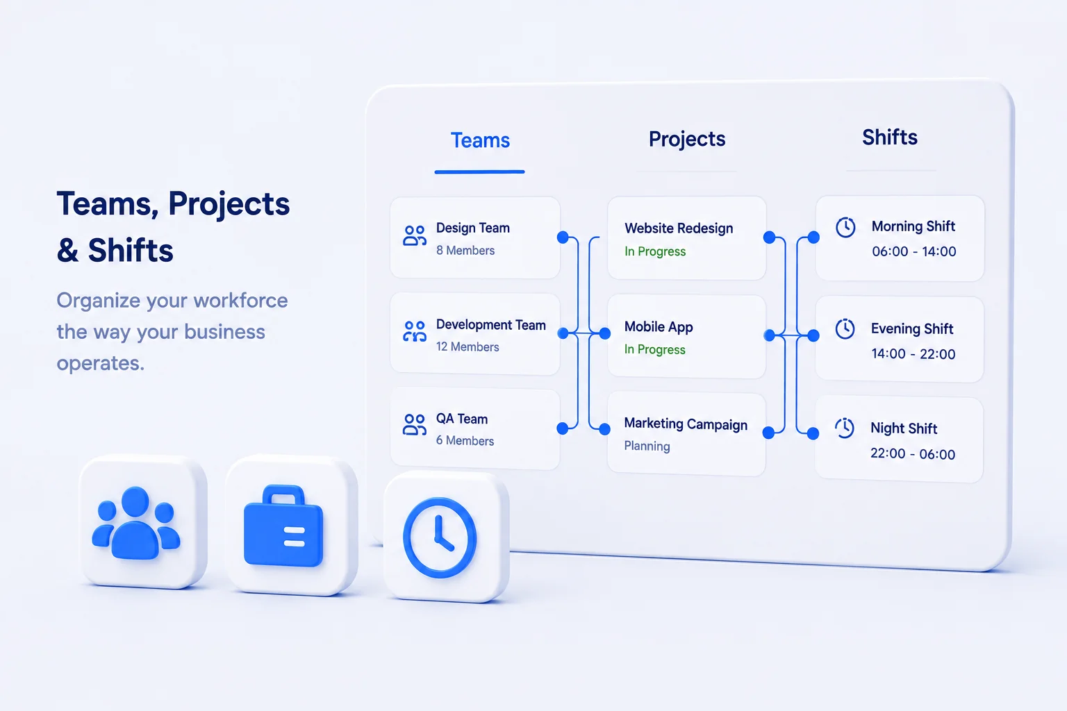 Illustrated concept mockup of teams, projects, and shift screens showing example team names, project statuses, and shift time ranges