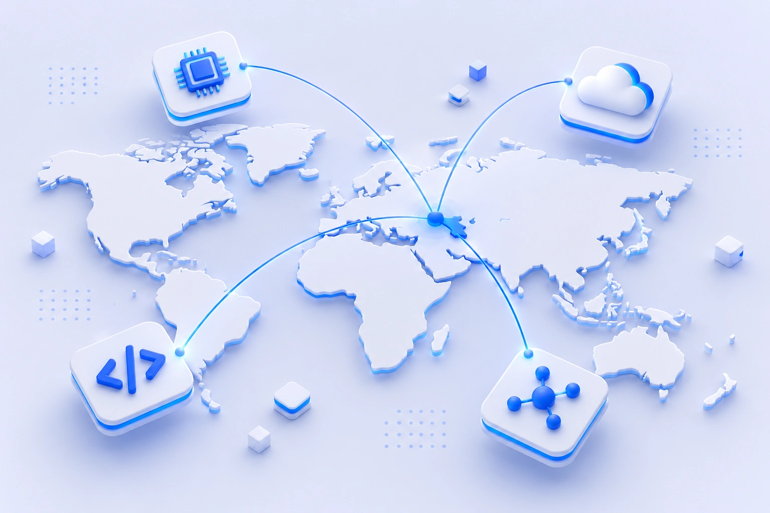 Map-style illustration highlighting Yerevan, Armenia, connected by lines to software and AI engineering icons, representing Armenia as a technology outsourcing hub