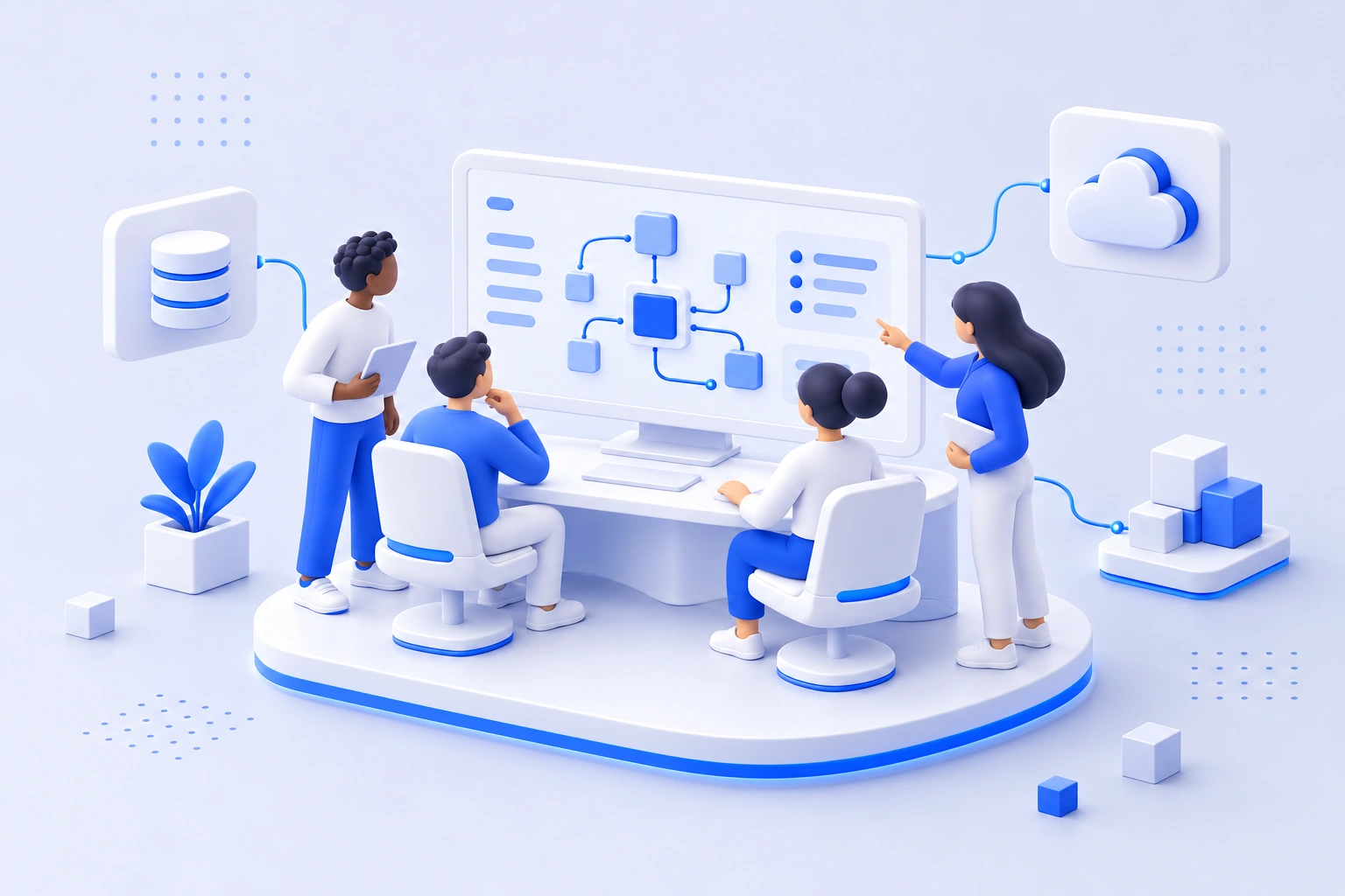 Illustration of engineers collaborating around a shared screen showing code and system architecture diagrams, representing an Armenia-based software team