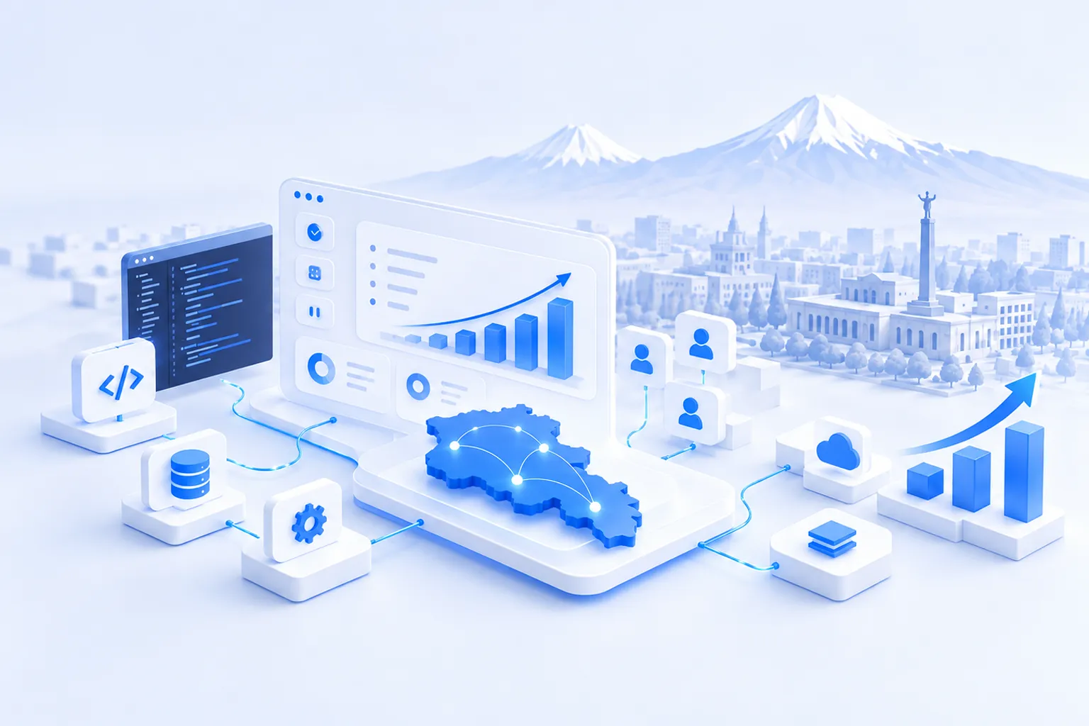 Map-style illustration highlighting Yerevan, Armenia, connected by lines to software and AI engineering icons, representing Armenia as a technology outsourcing hub