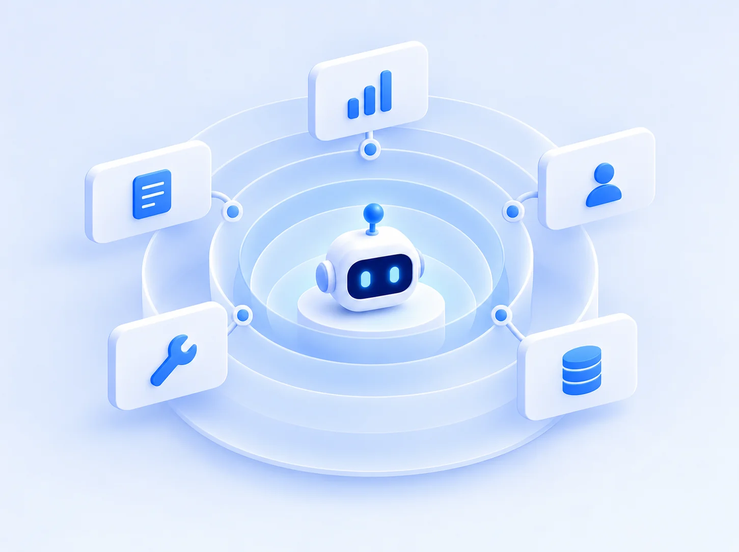 Illustration of an AI agent loop: a model choosing between tools such as a database, an API, and email, with a human approval checkpoint before actions execute