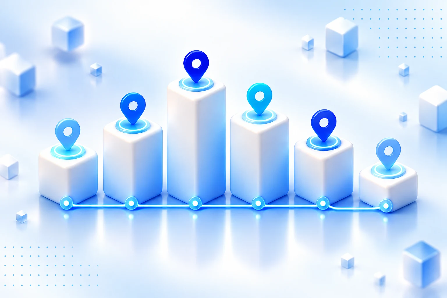 Six platforms of different heights with location pins, comparing outsourcing rates by region