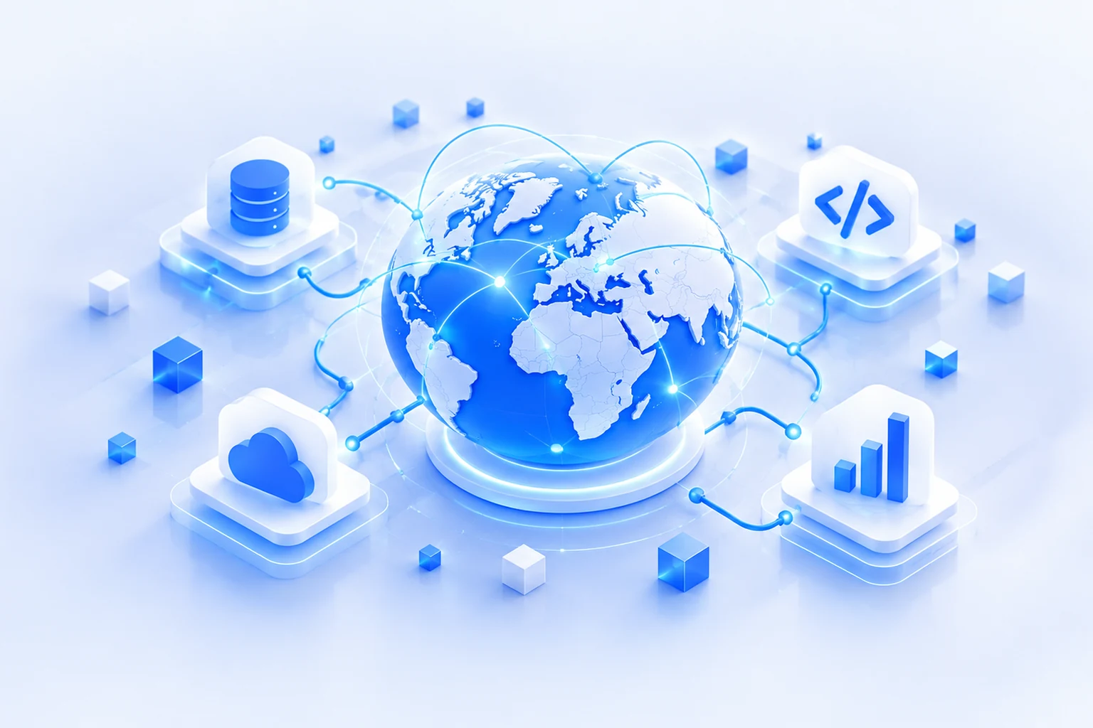 Globe linked to code, cloud, database and analytics icons, representing software outsourcing to Armenia