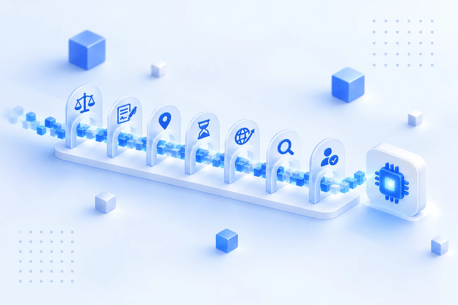 Data stream passing through seven checkpoint arches with legal, contract, location, time, transfer, review and person icons