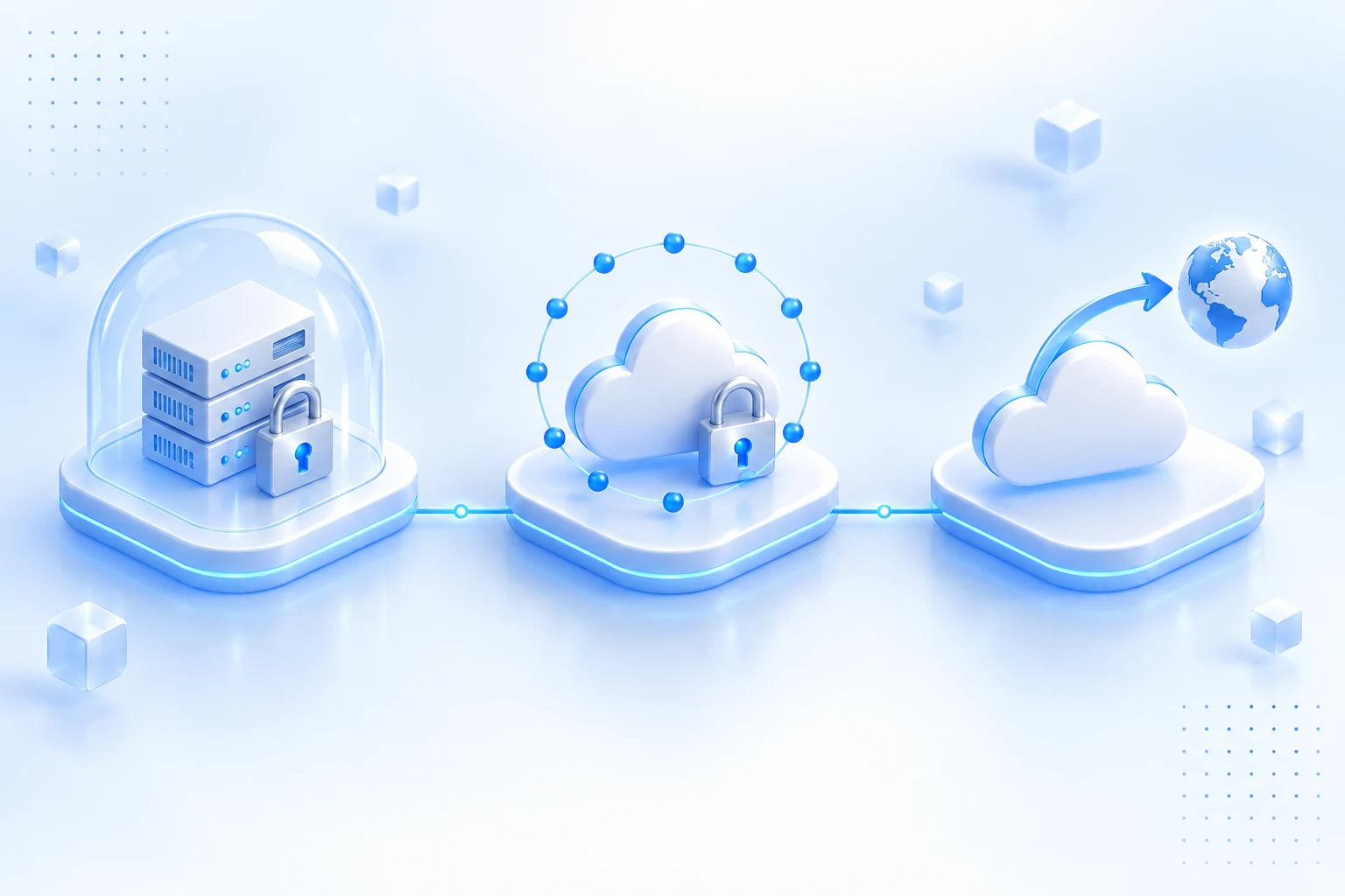 Three deployment options: a locked server under a dome, an EU-ringed cloud with a padlock, and a cloud sending data to a globe