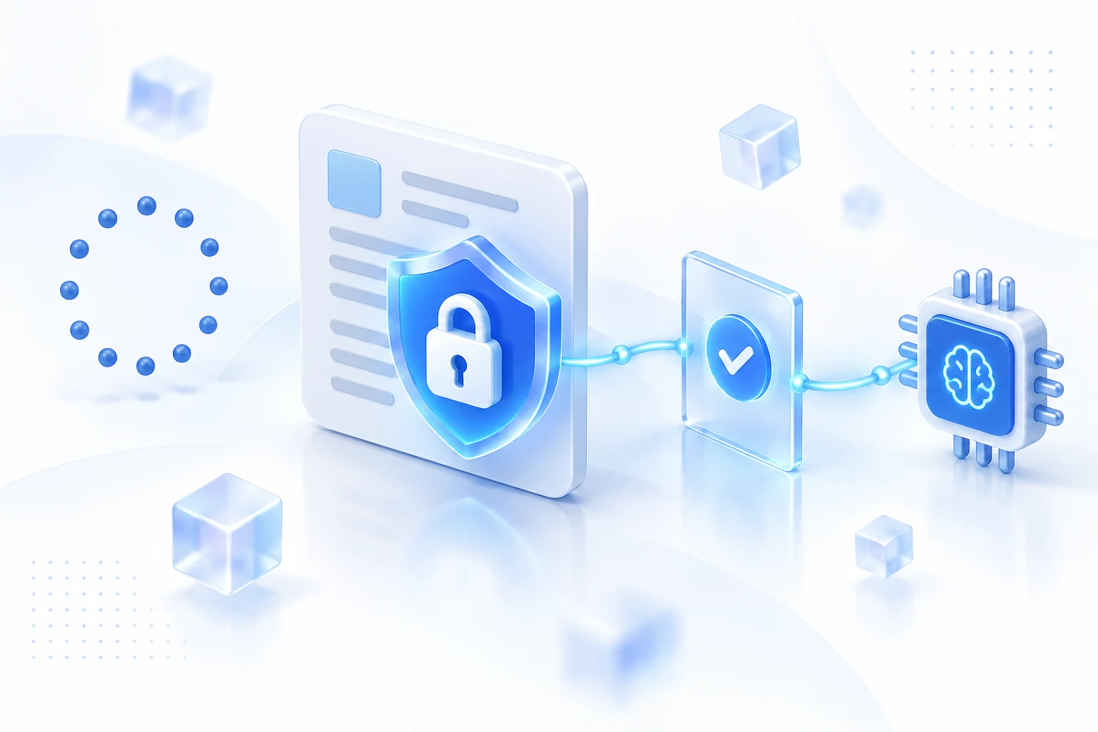 Document with a shield and padlock passing through a checkpoint gate before reaching an AI chip
