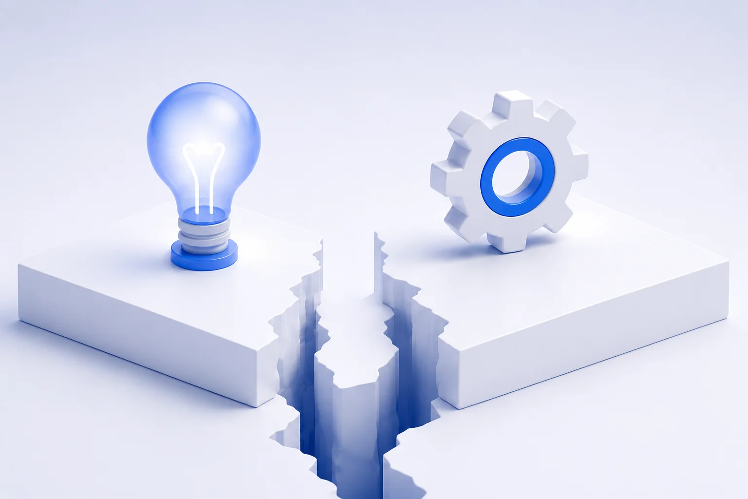 Illustration of a gap between an idea and a working system, representing the distance between a project concept and its actual engineering cost