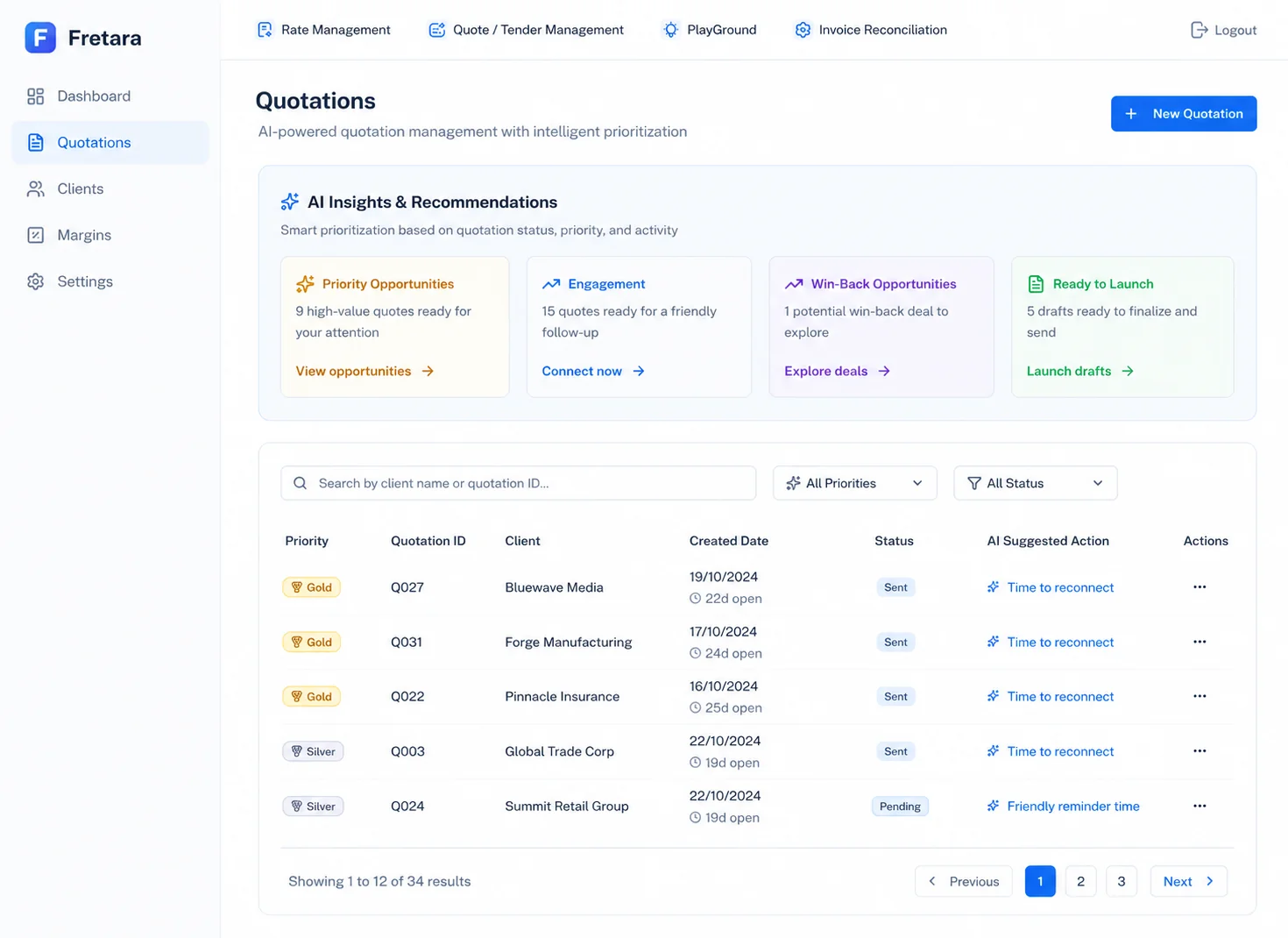 Fretara AI-powered freight rate management and quoting platform interface