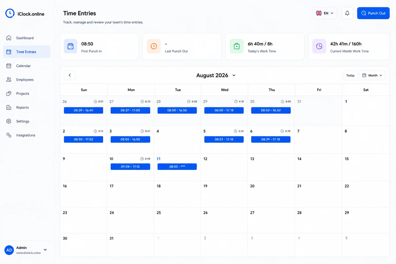 iClock.online dashboard showing attendance overview, employee stats, and AI anomaly detection